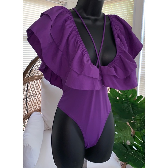 Zara Ruffled Deep V-neck One Piece Swimsuit Size Medium - Picture 6 of 13